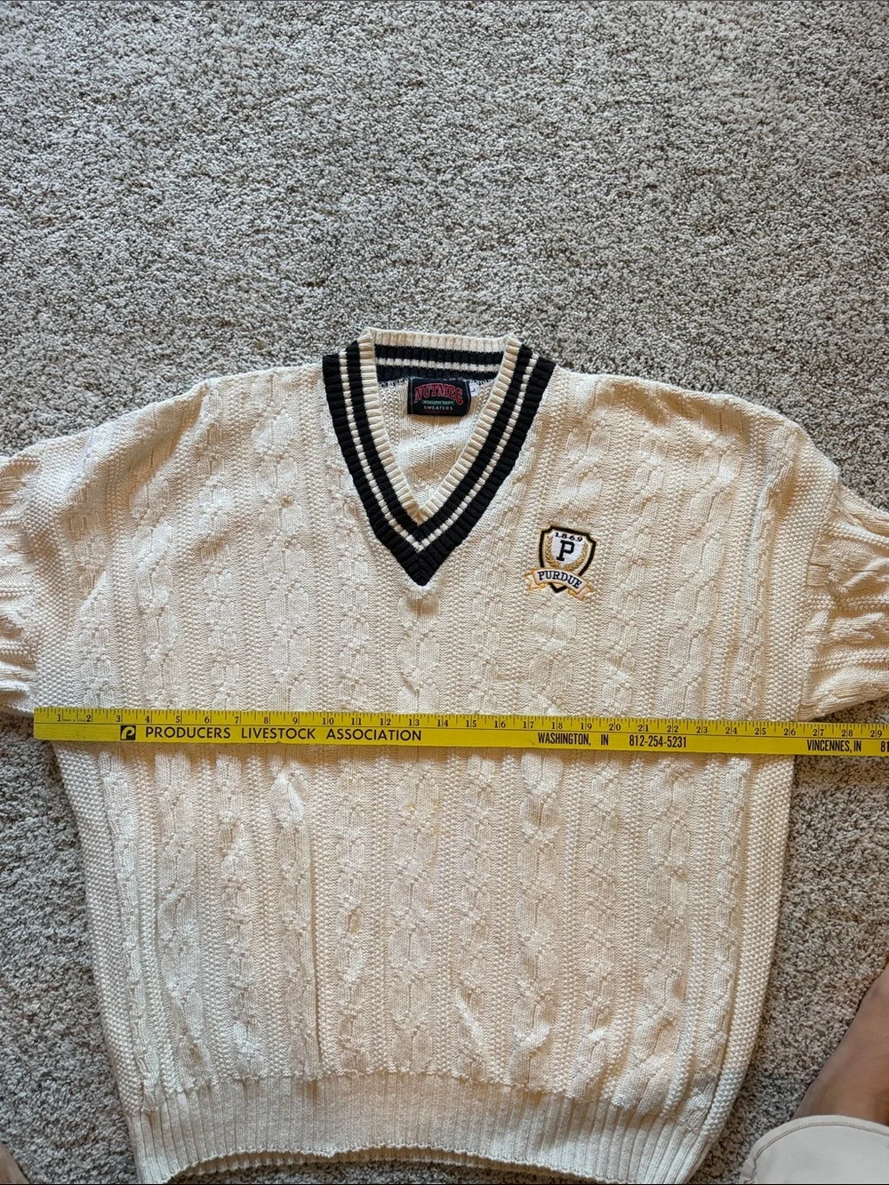Purdue Crest Cable Knit V-Neck Sweater - Cream with Black Trim